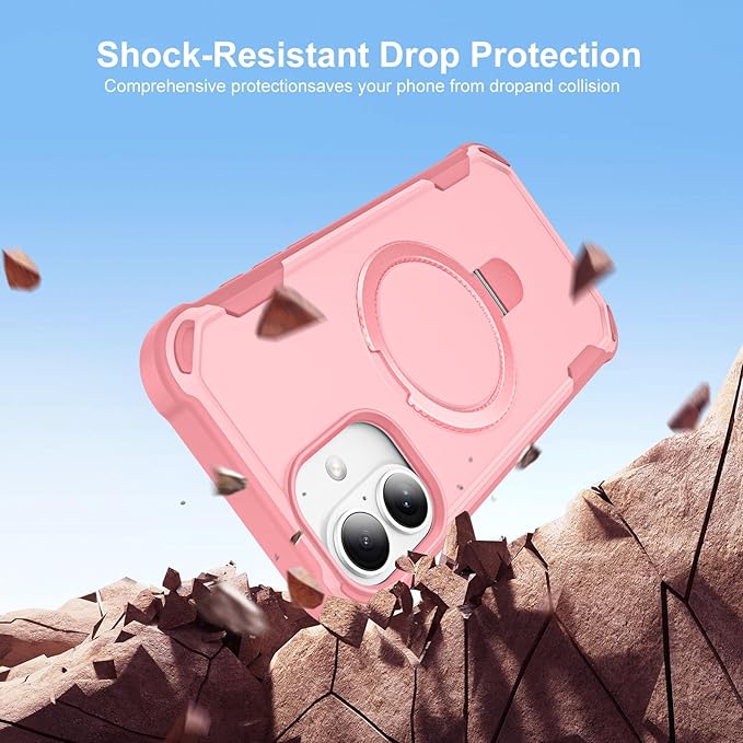 Compatible with iPhone 16 Case with Invisible Magnetic Ring Stand [Compatible with Magnetic] [Military Drop Protection] Shockproof Slim Hard Back Soft Edge Case 6.1 Inch, Pink