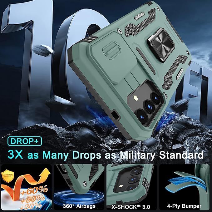 DEERLAMN Case for Samsung Galaxy S24+ Plus with Slide Camera Cover+Screen Protector (1 Pack), Rotated Ring Kickstand Military Grade Shockproof Protective Cover-Green