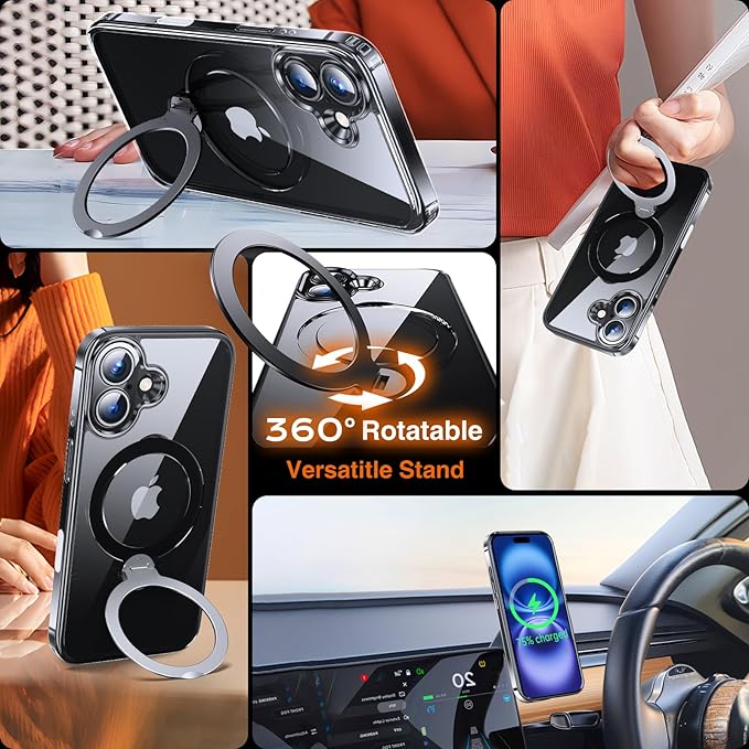 360° O-Ring MagStander for iPhone 16 Case with Magnetic Kickstand Ring Holder [Compatible with MagSafe][360°Rotate Stand Ring][Military Shockproof] iPhone 16 Phone Cover Clear