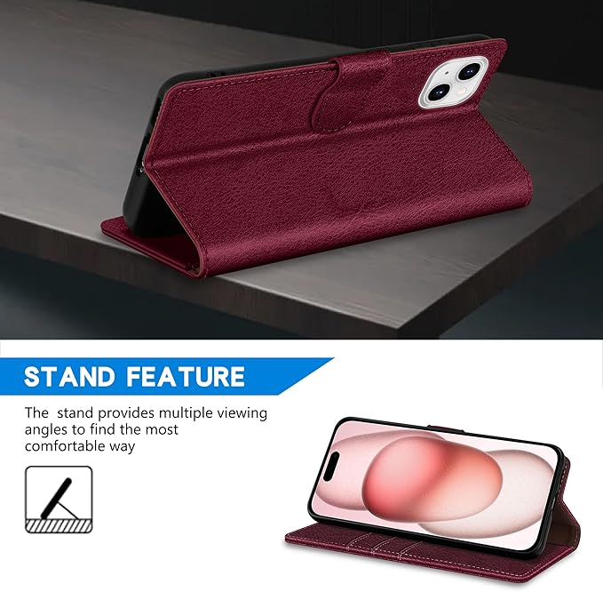 ZZXX for iPhone 15 Wallet Case with [RFID Blocking] Card Slot Kickstand Magnetic Closure Leather Flip Fold Protective Phone Case for iPhone 15 Case Wallet(Wine Red-6.1 inch)