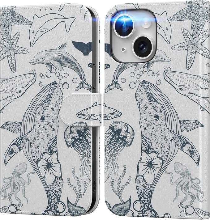 DEENAKIN for iPhone 15 Plus Wallet Case with Card Holder + Cash Clip, RFID-Blocking, Military-Grade Drop Protection, Magnetic Closure with Leather Kickstand - Dynamic Marine Life