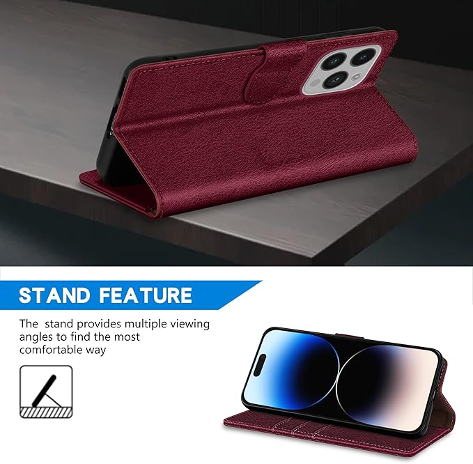 ZZXX for iPhone 14 Pro Wallet Case with [RFID Blocking] Card Slot Kickstand Magnetic Closure Leather Flip Fold Protective Phone Case for iPhone 14 Pro Case Wallet(Wine Red-6.1 inch)