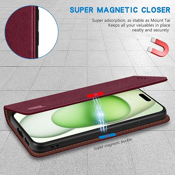 ZZXX for iPhone 15 Plus Wallet Case with [RFID Blocking] Card Slot Stand Strong Magnetic Leather Flip Fold Protective Phone Case for iPhone 15 Plus Case Wallet(Wine Red-6.7 inch)