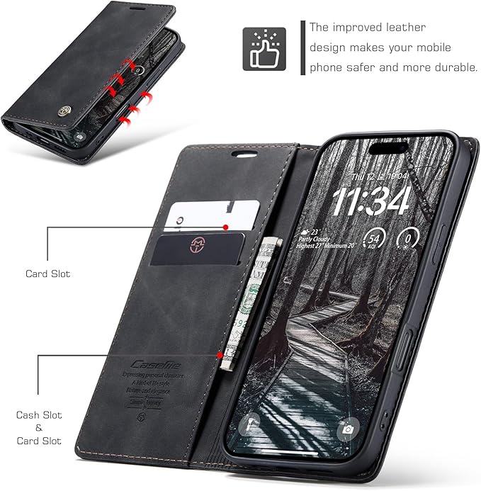 for iPhone 17 Pro Case, Flip Wallet Leather Case with Card Holder Magnetic Closure Shockproof Kickstand Protective Phone Cases Cover for iPhone 17 Pro, Black