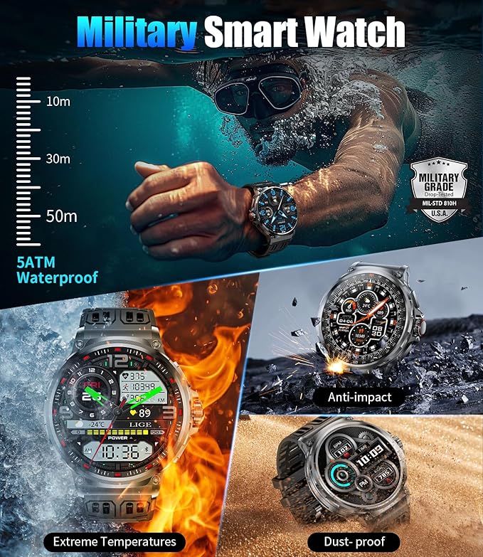 SUNKTA Military Smart Watch for Men,1.85" HD/800mAh Battery Smart Watches for Android iOS (Bluetooth Call Answer/Calls) Fitness Tracker with Heart Rate/Sleep Tracking/Blood Oxygen