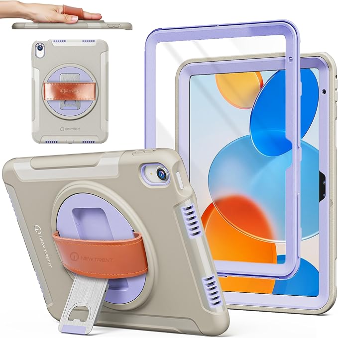 Original Rugged iPad Case for iPad 11 (A16) 11-inch (2025) & iPad 10th Gen 10.9-inch (2022) | 360° Rotating Kickstand, Genuine Leather Hand Strap, Built-in Screen Protector (Purple Grey)