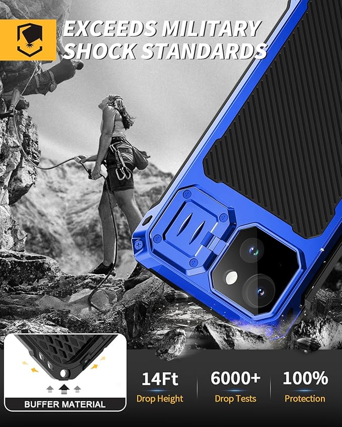 Lanhiem Magnetic for iPhone 14 Metal Case, [Built-in Camera Kickstand & Glass Screen Protector] Heavy Duty Shockproof Full Body Rugged Protective Magsafe Cover for iPhone 14 6.1" (Blue)