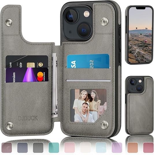 DJDUCK Designed for iPhone 14 Case Wallet with Card Holder, [Magnetic Clasp Cover] [RFID Blocking Leather Protection] Shockproof Women Men Cases 6.1 Inch for Apple 14 Grey