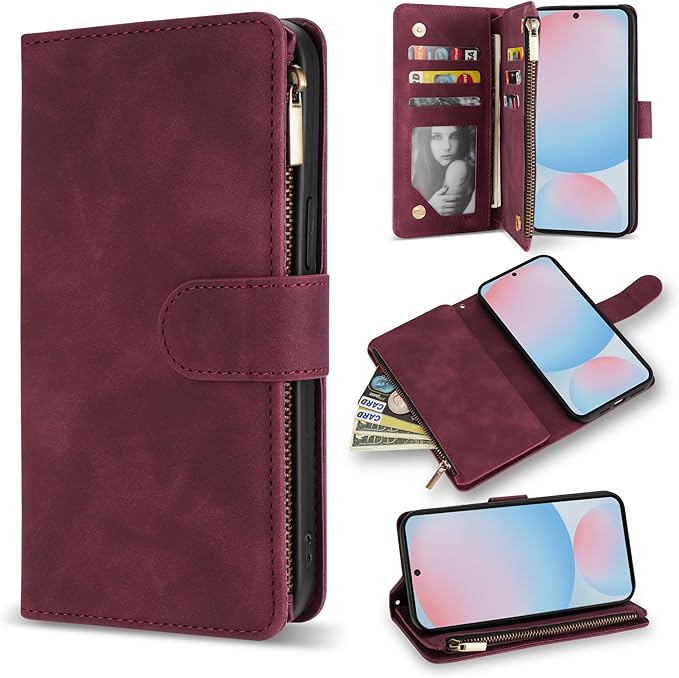 ZZXX for Samsung Galaxy S24 FE Wallet Case with RFID Blocking Card Slot PU Leather Zipper Flip Folio with Strap Kickstand Protective Cover for Galaxy S24 FE Case Wallet(Wine Red-6.7 inch)