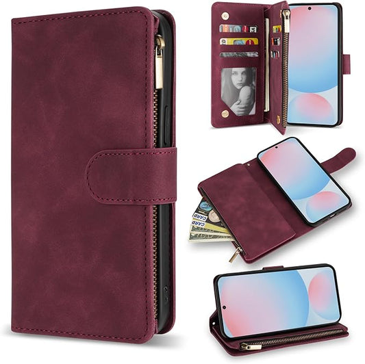 ZZXX for Samsung Galaxy S24 FE Wallet Case with RFID Blocking Card Slot PU Leather Zipper Flip Folio with Strap Kickstand Protective Cover for Galaxy S24 FE Case Wallet(Wine Red-6.7 inch)