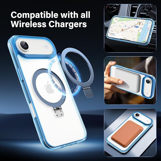 Magnetic Case for iPhone Air - [Built-in Invisible Stand] [Compatible with MagSafe] [Military Grade Drop Protection] Anti-Yellowing Hard Back Silicone Edge Cover, 6.5", Clear Blue