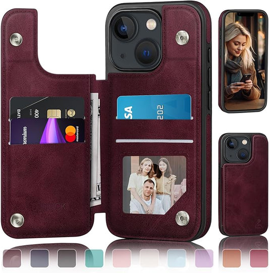 DJDUCK Designed for iPhone 14 Case Wallet with Card Holder, [Magnetic Clasp Cover] [RFID Blocking Leather Protection] Shockproof Women Men Cases 6.1 Inch for Apple 14 Wine Red