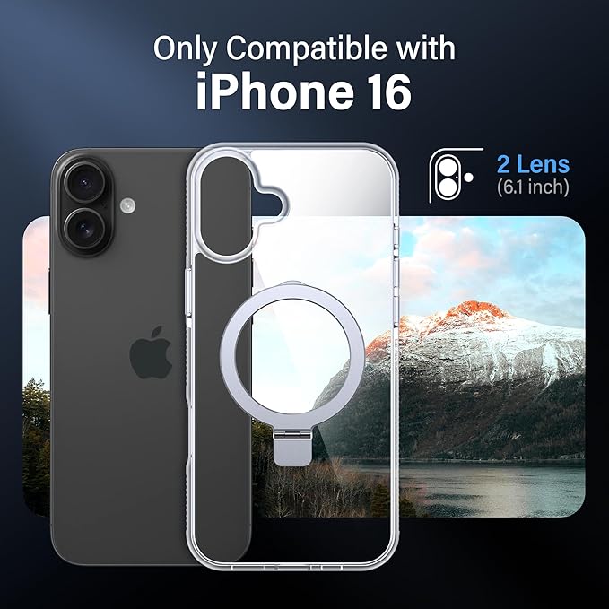 Magnetic Case for iPhone 16 - [Built-in Invisible Stand] [Compatible with MagSafe] [Military Grade Drop Protection] Anti-Yellowing Hard Back Silicone Edge Cover, 6.1", Clear