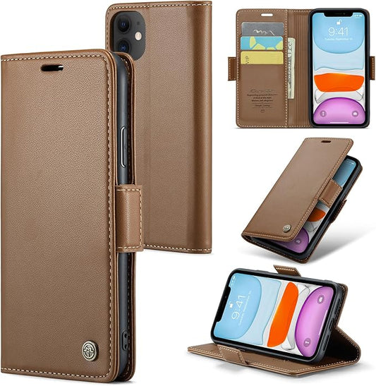 for iPhone 11 Case, Premium PU Leather Wallet Case Flip Cover with [RFID Blocking][Card Holder][Stand Function] Shockproof Protective for iPhone 11, Brown