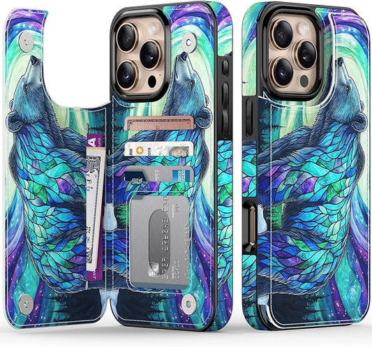 FUNMIKO for iPhone 16 Pro Max Wallet Case with Card Holder, RFID-Blocking, Military-Grade Protection & UV-Printed Artwork, Magnetic Closure with Leather Kickstand - Prismatic Aurora Bear