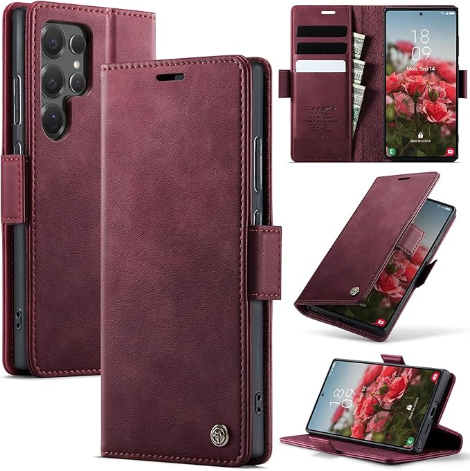 Wallet Case for Samsung Galaxy S25 Ultra Leather Wallet Flip Cover with Card Holder, Kickstand, Magnetic Closure, RFID Blocking TPU Shockproof Phone Case Compatible with S25 Ultra, Red