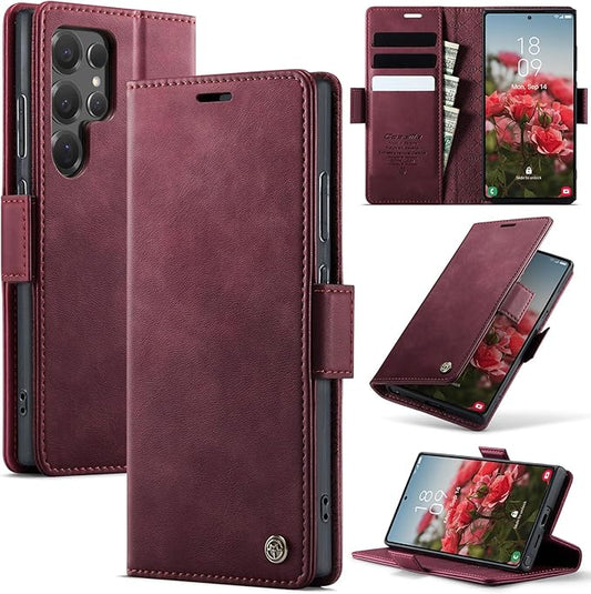 Wallet Case for Samsung Galaxy S25 Ultra Leather Wallet Flip Cover with Card Holder, Kickstand, Magnetic Closure, RFID Blocking TPU Shockproof Phone Case Compatible with S25 Ultra, Red