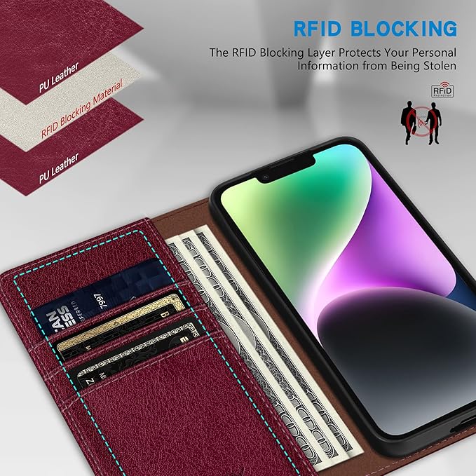 ZZXX for iPhone 15 Wallet Case with [RFID Blocking] Card Slot Stand Strong Magnetic Leather Flip Fold Protective Phone Case for iPhone 15 Case Wallet(Wine Red-6.1 inch)