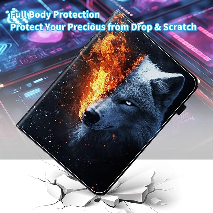 Case for Samsung Galaxy Tab A9 Plus/A9+ 5G 11 Inch 2023 Model (SM-X210/X216/X218),Card Slot PU Leather TPU Case Pen Holder Auto Wake Sleep,Wolf in The Fire