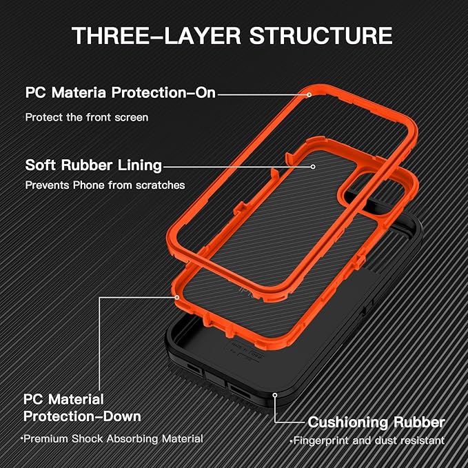 for iPhone 15 Case Shockproof Dust/Drop Proof 3-Layer Full Body Protection [Without Screen Protector] Rugged Heavy Duty Cover Case for Apple iPhone 15 6.1" 2023,Black/Orange