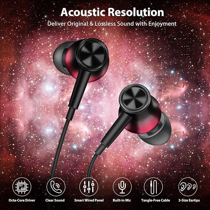Jiunai 3.5mm Wired Earbuds Headphones School in Ear Built-in Mic Track Control Magnetic Noise Isolated Stereo S M L Ear Tips Tangle Free Earphone for iPhone iPad Android Tablet Travel Gradient Red