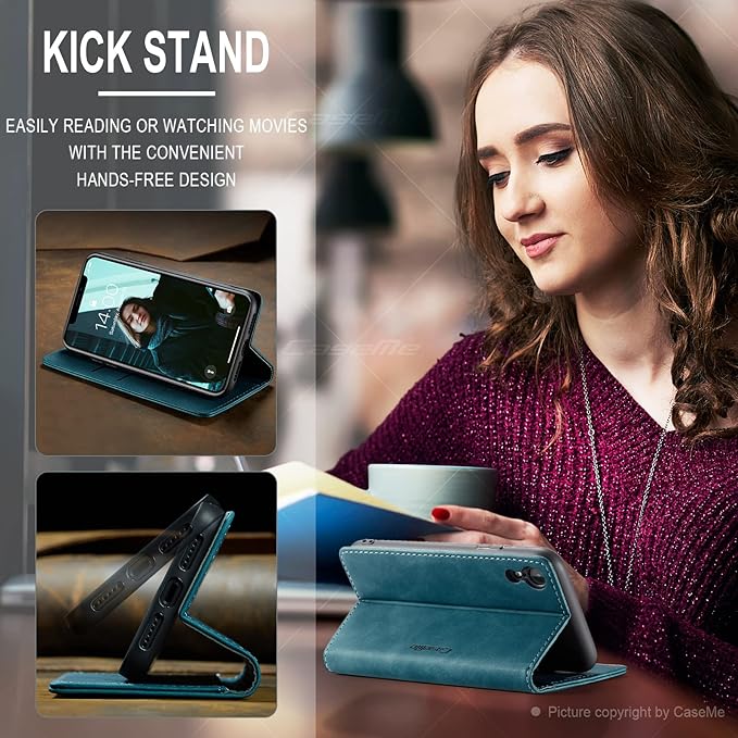 for iPhone XR 6.1-Inch Case, Flip Wallet Leather Case with Card Holder Magnetic Closure Shockproof Kickstand Protective Phone Cases Cover for iPhone XR, Blue-Green