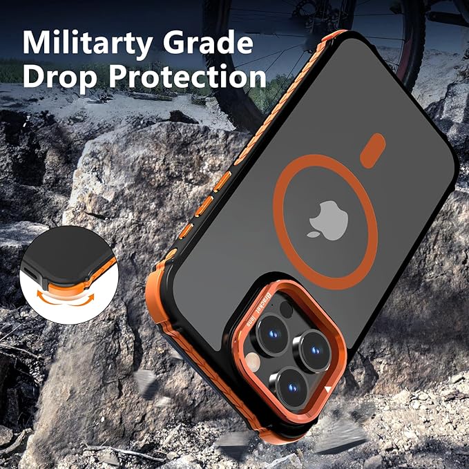 Magnetic for iPhone 16 Pro Case Orange with MagSafe Wireless Charging Heavy Duty Military-Grade Shockproof Protection Adjustable Kickstand Slim Matte Anti-Fingerprint Cover Men Women
