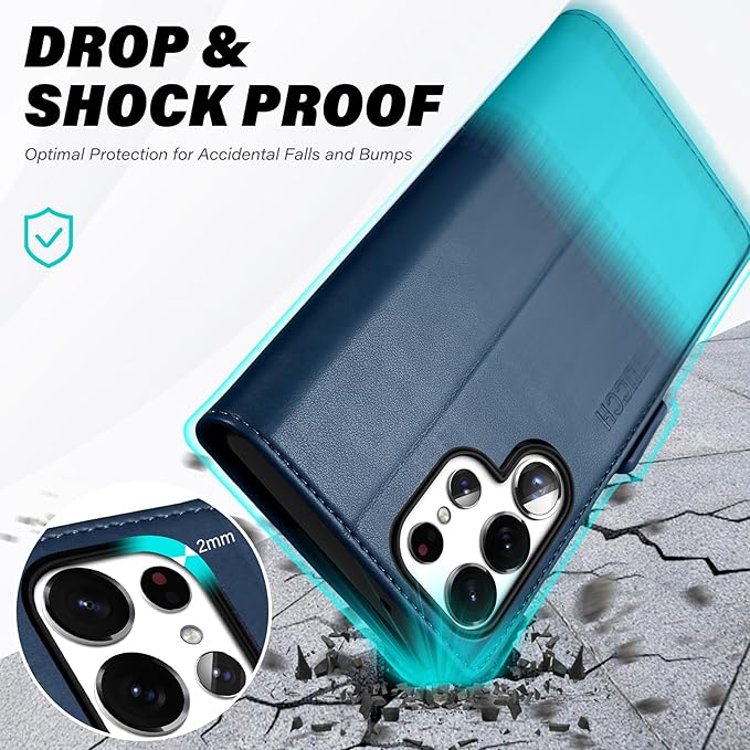 TUCCH Wallet Case for Galaxy S25 Ultra 5G, Magnetic PU Leather Kickstand [RFID Blocking] Card Slot Folio Cover with [TPU Shockproof Inner Shell] Compatible with Galaxy S25 Ultra, Blue & Lake Blue