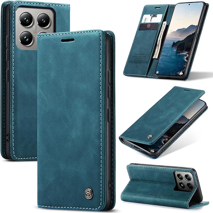 for Xiaomi 14T Pro Case, Flip Wallet Leather Case with Card Holder Magnetic Closure Shockproof Kickstand Protective Phone Cases Cover for Xiaomi mi 14T Pro, Blue-Green