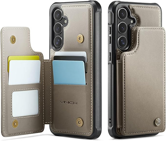 Vinich for Samsung Galaxy S25 Plus Wallet Case with Card Holder, RFID Blocking Credit Slots Kickstand Shockproof Phone Cover for Women Men, Gray