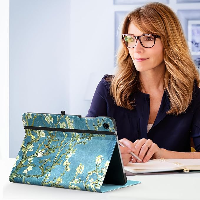 MoKo Case for Samsung Galaxy Tab A9 Plus 11" 2023 (SM-X210/SM-X216/SM-X218), PU Leather Multi-Angle Viewing Folding Stand Cover Case with Hand Strap, Front Pocket, Auto Wake/Sleep, Almond Blossom