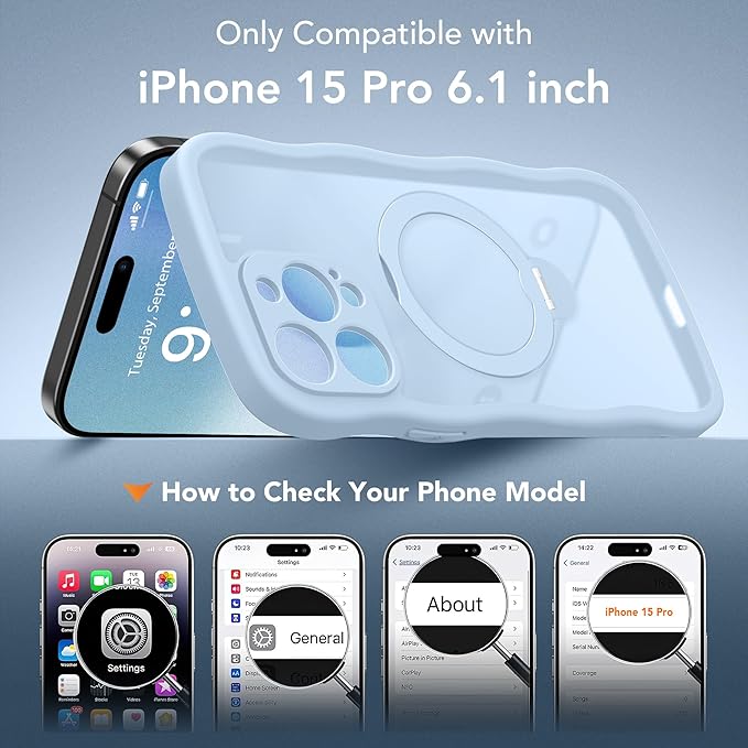 GolbinBox for iPhone 15 Pro Case,[Compatible with Magsafe][360°Magnetic Stand][Cute Wave Edge][18ft Military-Grade Protection] Translucent Matte Phone Women Case for iPhone 15 Pro, Baby Blue