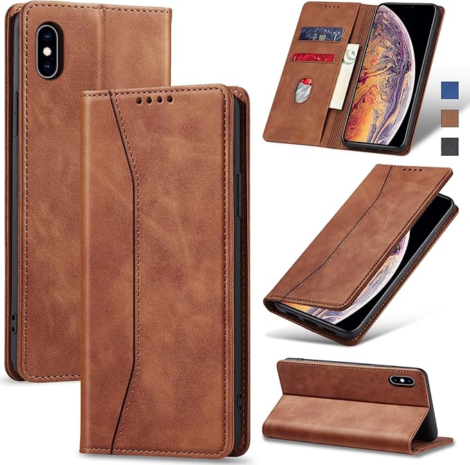 Jasonyu Flip Wallet Case for iPhone Xs Max,Leather Magnetic Folio Cover with Card Holder,Kickstand - TPU Shockproof Durable Protective Phone Case,Brown