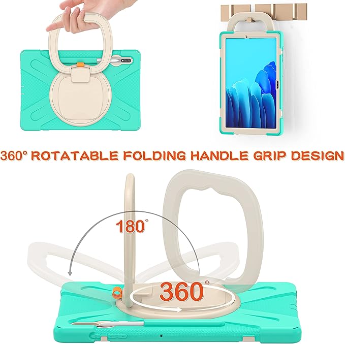 360 Rotation Portable Case for Galaxy Tab S8+/S7 FE/S7+ 12.4 Inch Case with S Pen Holder Rugged Case Rotating Stand Hand Strap Shoulder Carrying Strap Outdoor Cover (MintGreen)