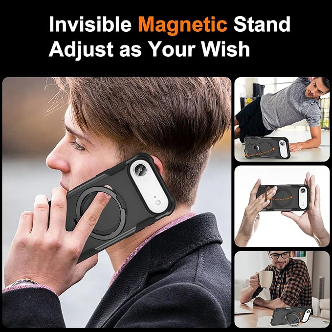 Compatible with iPhone 17 Air Case with Invisible Magnetic Ring Stand [Compatible with Magnetic] [Military Drop Protection] Shockproof Slim Hard Back Soft Edge Case 6.6 Inch, Black