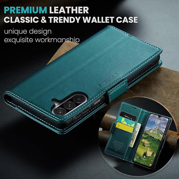 for Samsung Galaxy A26 5G Case, Premium PU Leather Wallet Case Flip Cover with [RFID Blocking][Card Holder][Stand Function] Shockproof Protective for Samsung Galaxy A26, Blue-Green