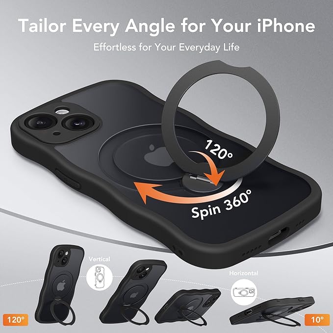 GolbinBox for iPhone 15 Plus Case for Women,[Compatible with Magsafe][360° Spin Magnetic Stand][Cute Wave Edge][Military-Grade Protection] Translucent Matte Phone Case for iPhone 15 Plus, Black