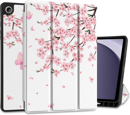 MEEgoodo Case for Samsung Galaxy Tab A9 Plus 11 inch Cover 2024 2023 with S Pen Holder, A9+ Smart Tablet Cases with Leather Trifold Stand+Soft TPU Back Shell+Smart Auto Wake/Sleep, Cherry Blossoms
