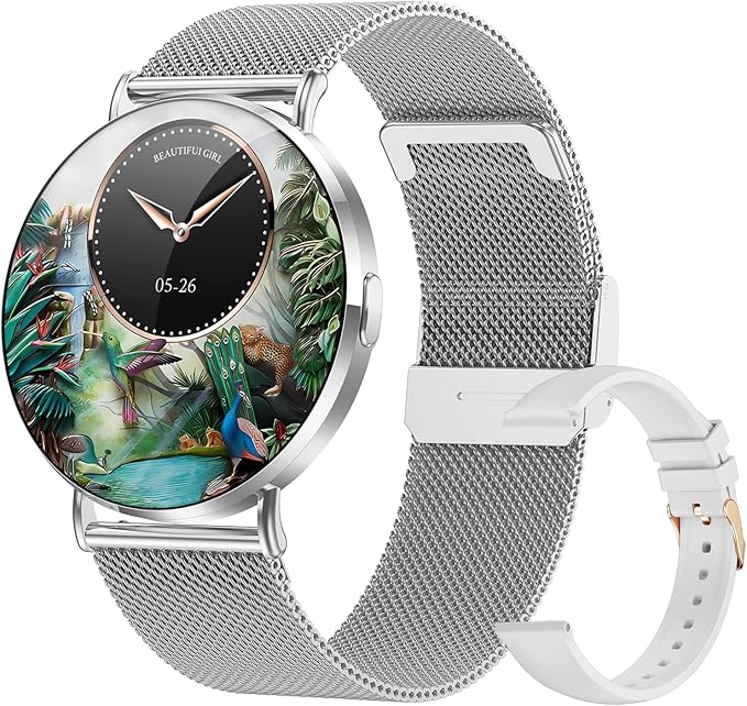 Welfit Smart Watch for Women (2 Straps),1.32-inch AMOLED Ultra Clear Screen Fitness Tracker with SpO2/heart Rate/Sleep Tracking, Suitable for iOS/Android System Waterproof smartwatch(Silver)