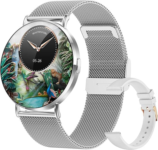 Welfit Smart Watch for Women (2 Straps),1.32-inch AMOLED Ultra Clear Screen Fitness Tracker with SpO2/heart Rate/Sleep Tracking, Suitable for iOS/Android System Waterproof smartwatch(Silver)