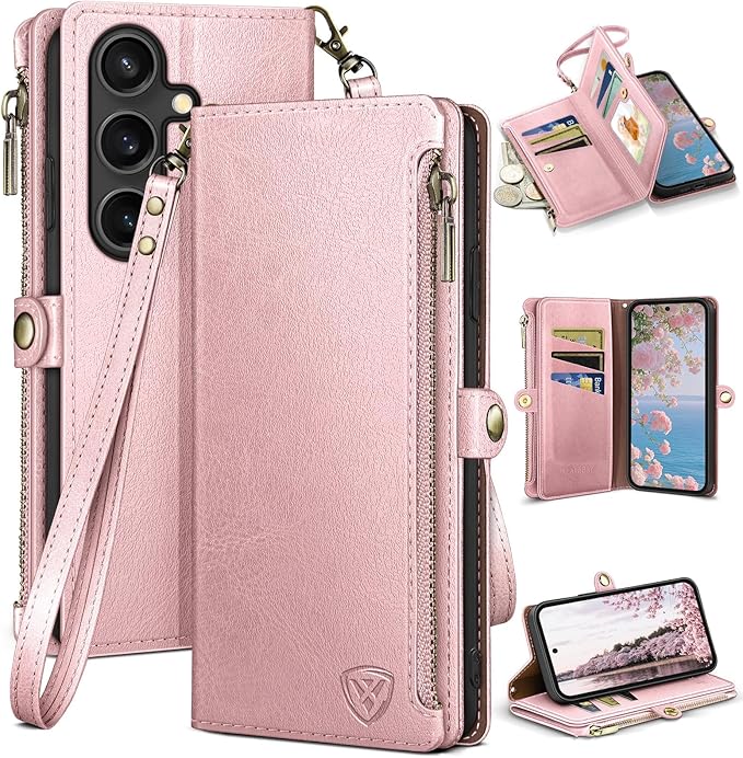 XcaseBar Compatible with Samsung Galaxy S25 Wallet case with Zipper Credit Card Holder【RFID Blocking】,Flip Folio Book PU Leather Phone case Shockproof Cover Women Men for Samsung S25 case Rose Gold