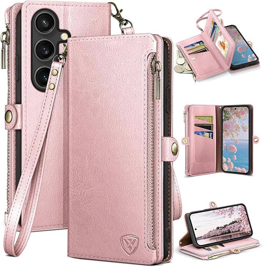 XcaseBar Compatible with Samsung Galaxy S25 Wallet case with Zipper Credit Card Holder【RFID Blocking】,Flip Folio Book PU Leather Phone case Shockproof Cover Women Men for Samsung S25 case Rose Gold