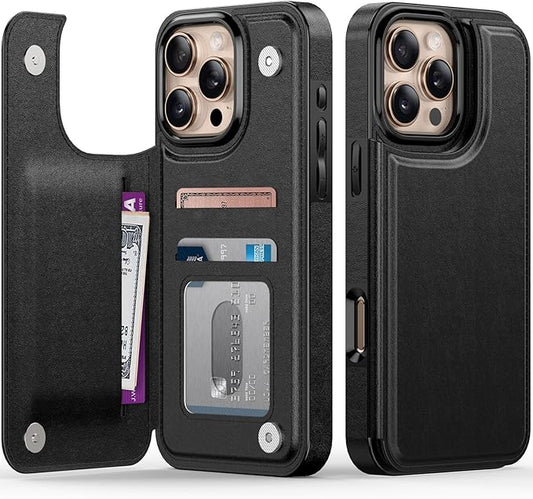 FUNMIKO for iPhone 16 Pro Wallet Case with Card Holder, RFID-Blocking, Military-Grade Protection & UV-Printed Artwork, Magnetic Closure with Leather Kickstand - Black