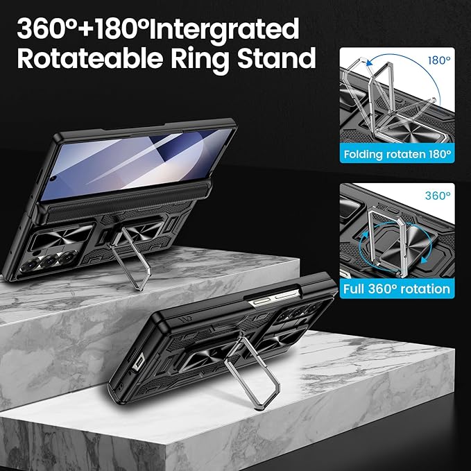 VEGO for Galaxy Z Fold 6 Case with Belt Clip Holster, 360°Ring Magnetic Kickstand & Camera Cover & Front Screen Protector & Hinge Protection Shockproof Armor Case for Samsung Z Fold 6 - Black