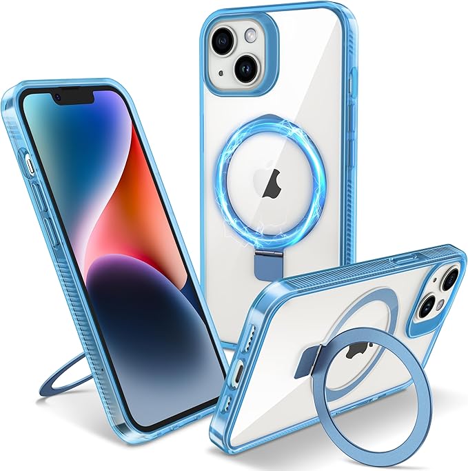 Magnetic Case for iPhone 14 Plus - [Built-in Invisible Stand] [Compatible with MagSafe] [Military Grade Drop Protection] Anti-Yellowing Hard Back Silicone Edge Cover, 6.7", Clear Blue