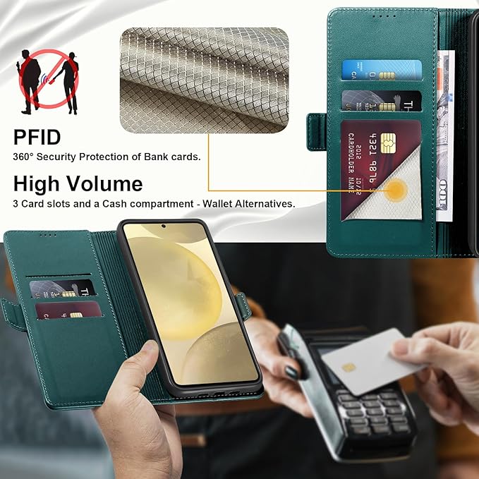 Wallet Flip Case for Samsung Galaxy S25 5G - [RFID Blocking] Luxury PU Leather Card Holder Magnetic Phone Cover with Kickstand,Shockproof Protective Case,Green