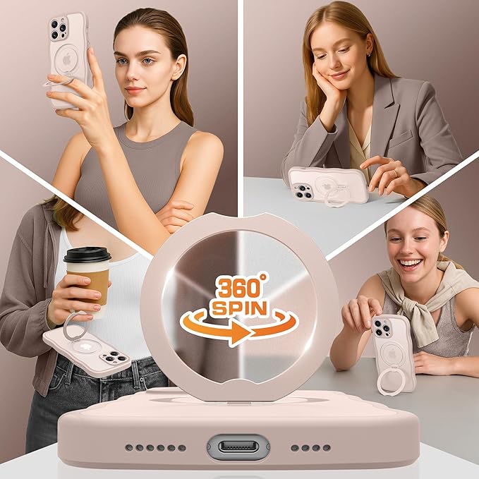 for iPhone 14 Pro Case for Women,[Compatible with Magsafe][360° Spin Magnetic Stand][Cute Wave Edge][Military-Grade Protection] Translucent Matte Phone Case for iPhone 14 Pro, Rose Gold