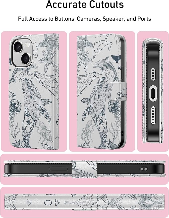 DEENAKIN for iPhone 15 Wallet Case with Card Holder + Cash Clip, RFID-Blocking, Military-Grade Drop Protection, Magnetic Closure with Leather Kickstand - Dynamic Marine Life