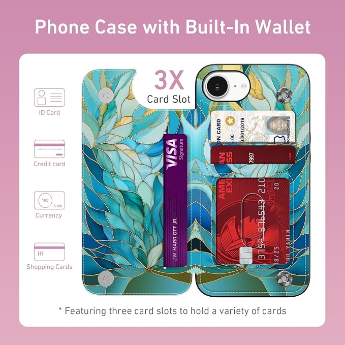 FUNMIKO for iPhone 16e Wallet Case with Card Holder, RFID-Blocking, Military-Grade Protection & UV-Printed Artwork, Magnetic Closure with Leather Kickstand - Sleek Cyan Leaf