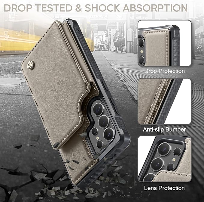 Vinich for Samsung Galaxy S24 Ultra Wallet Case with Card Holder, RFID Blocking Credit Slots Kickstand Shockproof Phone Cover for Women Men, Gray